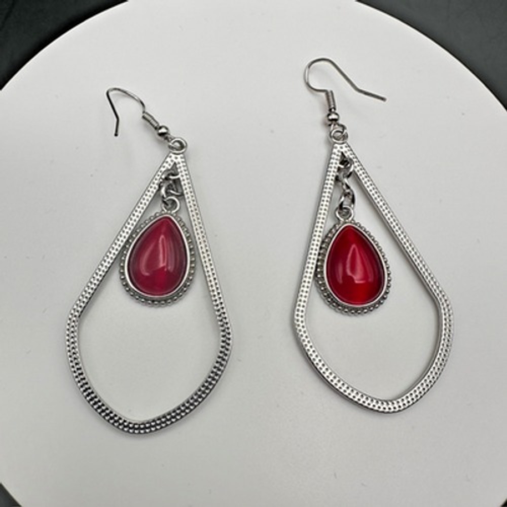 Vintage 90s Red Teardrop Dangle Earrings Silver-tone Drop Jewelry Boho Chic